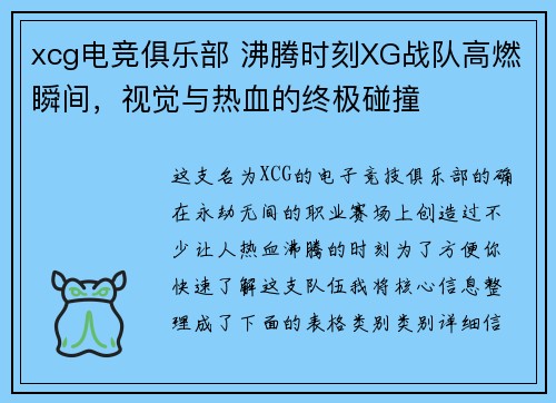 xcg电竞俱乐部 沸腾时刻XG战队高燃瞬间，视觉与热血的终极碰撞